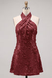 Abito corto blu a scollo halter a A-line floreale per il ritorno a casa con paillettes