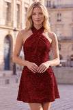 Abito corto blu a scollo halter a A-line floreale per il ritorno a casa con paillettes