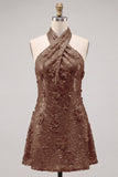 Abito corto blu a scollo halter a A-line floreale per il ritorno a casa con paillettes