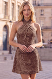 Abito corto blu a scollo halter a A-line floreale per il ritorno a casa con paillettes