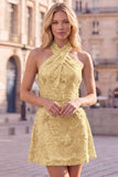 Abito corto blu a scollo halter a A-line floreale per il ritorno a casa con paillettes