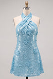 Abito corto blu a scollo halter a A-line floreale per il ritorno a casa con paillettes