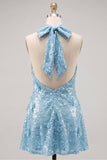 Abito corto blu a scollo halter a A-line floreale per il ritorno a casa con paillettes