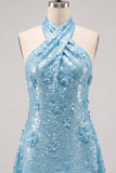 Abito corto blu a scollo halter a A-line floreale per il ritorno a casa con paillettes