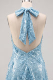 Abito corto blu a scollo halter a A-line floreale per il ritorno a casa con paillettes