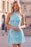 Abito corto blu a scollo halter a A-line floreale per il ritorno a casa con paillettes