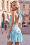 Abito corto blu a scollo halter a A-line floreale per il ritorno a casa con paillettes