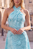 Abito corto blu a scollo halter a A-line floreale per il ritorno a casa con paillettes