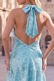 Abito corto blu a scollo halter a A-line floreale per il ritorno a casa con paillettes
