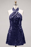 Abito corto blu a scollo halter a A-line floreale per il ritorno a casa con paillettes