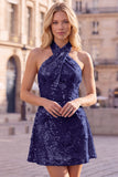 Abito corto blu a scollo halter a A-line floreale per il ritorno a casa con paillettes