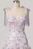 Bodycon paillettes lilla corsetto a livelli con volant vestito corto da ritorno a casa