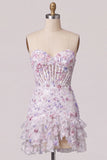 Bodycon paillettes lilla corsetto a livelli con volant vestito corto da ritorno a casa