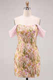 Vestito corto di homecoming corto a fiori rosa a spalle spalle