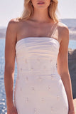 Abito da sposa lungo senza spalline con perline bianche e fiocco