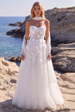 Corsetto floreale in tulle bianco A-Line Abito da sposa lungo con applicazioni