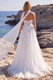 Corsetto floreale in tulle bianco A-Line Abito da sposa lungo con applicazioni