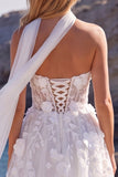 Corsetto floreale in tulle bianco A-Line Abito da sposa lungo con applicazioni