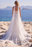 Abito da sposa lungo floreale con applique a corsetto bianco in tulle