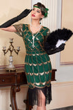 Verde dorato a scollo a V a maniche corte trasparenti Abito bodycon anni '20 con frangia