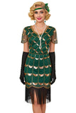 Verde dorato a scollo a V a maniche corte trasparenti Abito bodycon anni '20 con frangia