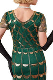 Verde dorato a scollo a V a maniche corte trasparenti Abito bodycon anni '20 con frangia