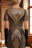 Vestito bodycon cordi rossi dorati a V con paillettes anni '20 e orlo a frangia