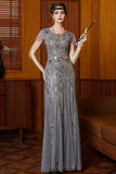 Grigio scintillante con scollo tondo a maniche a volato Vestito lungo anni '20 con paillettes