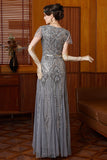 Grigio scintillante con scollo tondo a maniche a volato Vestito lungo anni '20 con paillettes