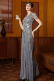 Grigio scintillante con scollo tondo a maniche a volato Vestito lungo anni '20 con paillettes
