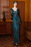 Vestito a maniche a V in paillettes nero blu e swing lungo anni '20 con perline