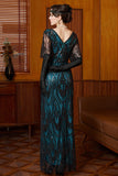 Vestito a maniche a V in paillettes nero blu e swing lungo anni '20 con perline