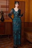 Vestito a maniche a V in paillettes nero blu e swing lungo anni '20 con perline