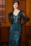 Vestito a maniche a V in paillettes nero blu e swing lungo anni '20 con perline