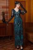 Vestito a maniche a V in paillettes nero blu e swing lungo anni '20 con perline