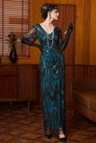 Vestito a maniche a V in paillettes nero blu e swing lungo anni '20 con perline