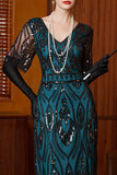 Vestito a maniche a V in paillettes nero blu e swing lungo anni '20 con perline