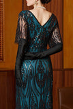 Vestito a maniche a V in paillettes nero blu e swing lungo anni '20 con perline