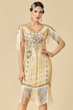 Bodycon scintillante scollo a V con paillettes maniche a spalla con frange abito anni '20