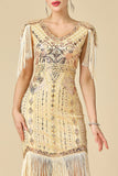 Bodycon scintillante scollo a V con paillettes maniche a spalla con frange abito anni '20