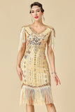 Bodycon scintillante scollo a V con paillettes maniche a spalla con frange abito anni '20