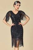 Bodycon scintillante scollo a V con paillettes maniche a spalla con frange abito anni '20