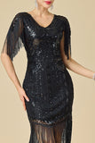 Bodycon scintillante scollo a V con paillettes maniche a spalla con frange abito anni '20