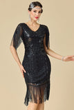 Bodycon scintillante scollo a V con paillettes maniche a spalla con frange abito anni '20