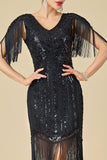 Bodycon scintillante scollo a V con paillettes maniche a spalla con frange abito anni '20