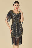 Bodycon scintillante scollo a V con paillettes maniche a spalla con frange abito anni '20