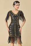 Bodycon scintillante scollo a V con paillettes maniche a spalla con frange abito anni '20