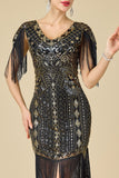Bodycon scintillante scollo a V con paillettes maniche a spalla con frange abito anni '20