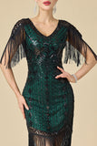 Bodycon scintillante scollo a V con paillettes maniche a spalla con frange abito anni '20