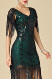 Bodycon scintillante scollo a V con paillettes maniche a spalla con frange abito anni '20